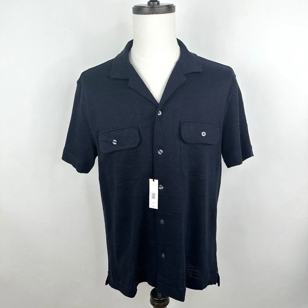 Banana Republic Linen French Terry Resort Shirt Men's Medium Navy Blue NWT